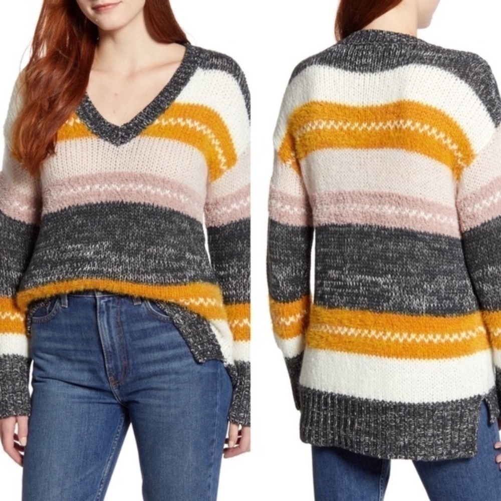 Caslon Mixed Stripe V-Neck Knit Pullover Sweater